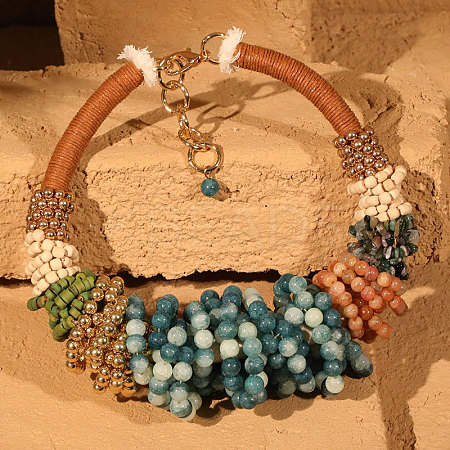 Bohemian Style Round Gemstone & Glass & Wood & CCB Plasitc Beaded Bib Necklaces FS-WGADB81-01-1