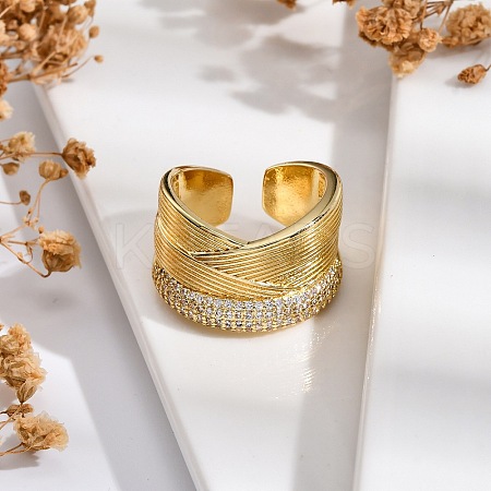 Rack Plating Brass Micro Pave Clear Cubic Zirconia Cuff Finger Rings for Women RJEW-M028-16G-1