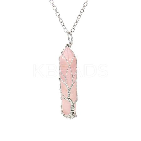 Natural Rose Quartz Double Terminal Pointed Faceted Bullet Copper Wire Wrapped Tree of Life Pendant Alloy Chain Necklaces FS-WG07FDC-02-1