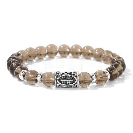 Alloy Nordic Viking Runes 8MM Natural Smoky Quartz Round Beaded Stretch Bracelets KW3210-21-1