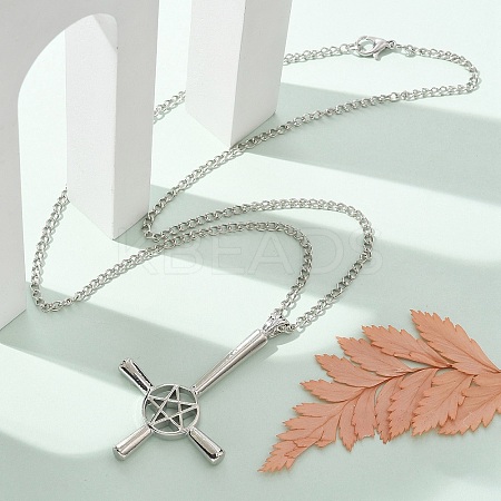 Christian Upside Down Cross & Star Alloy Pendant Pendant Twisted Chain Necklaces for Women NJEW-NH0001-03P-1