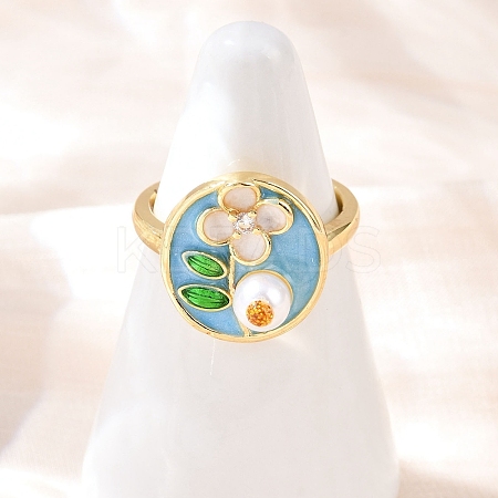 Brass Sky Blue Enamel Flower Cuff Rings RJEW-C139-17A-G-1