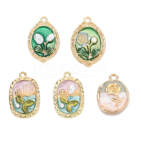 5Pcs 5 Styles Flower Rack Plating Alloy Enamel Pendants ENAM-FP0001-40-1