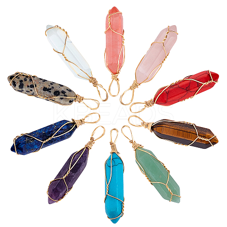 10Pcs 10 Colors Gemstone with Steel Wire Wrapped Pointed Pendants G-AR0004-03LG-1