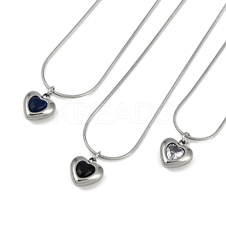 PVD Vacuum Plating 304 Stainless Steel Cubic Zirconia Heart Pendant Round Snake Chain Necklaces for Women NJEW-Z044-08P-1
