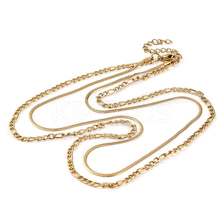 304 Stainless Steel Double Layer Figaro Chain & Herringbone Chain Necklaces for Women NJEW-G140-16C-G-1