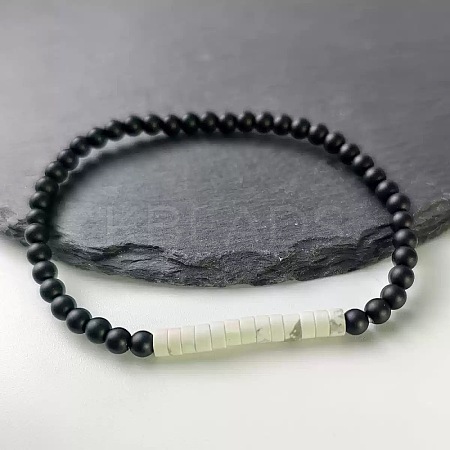 4MM Natural Howlite Heishi Beads and Round Frosted Black Onyx(Dyed & Heated) Beaded Stretch Bracelets for Women Men MG4641-11-1
