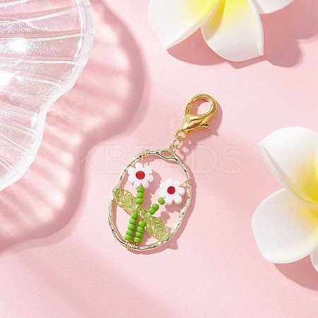 Oval with Flower Glass Seed Bead & Lampwork & Alloy Pendant Decoraitons HJEW-MZ00351-06-1