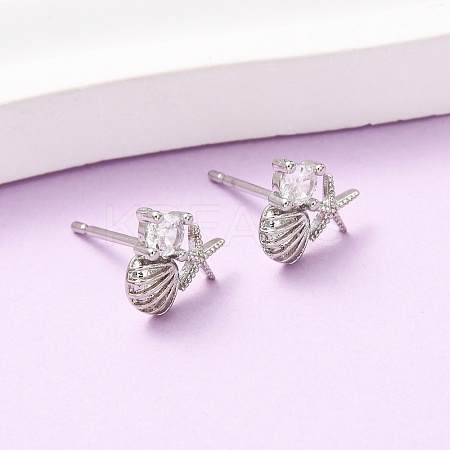 Starfish with Shell Shape Brass Micro Pave Clear Cubic Zirconia Stud Earrings EJEW-L278-05P-1