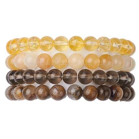 4Pcs Constellation 8mm Round Natural Yellow Tiger Eye & Jade & Synthetic Citrine & Smoky Quartz Beaded Stretch Bracelets for Women BJEW-JB10635-1