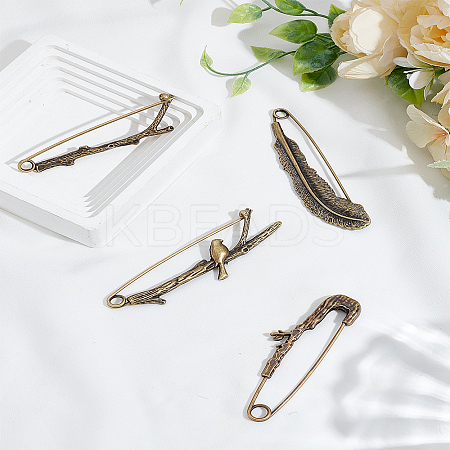 4Pcs 4 Styles Feather & Branch Alloy Brooch Pins JEWB-LP0004-84-1