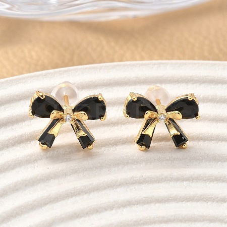 Brass Micro Pave Cubic Zirconia Bowknot Stud Earrings EJEW-D337-02G-1