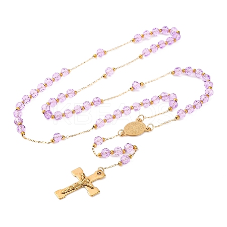 Ion Plating(IP) Crucifix Cross 304 Stainless Steel Rosary Bead Necklaces NJEW-M075-03G-04-1
