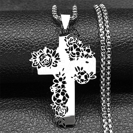 201 Stainless Steel Hollow Rose Cross Pendant Necklaces NJEW-H065-31P-1