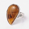 Adjustable Natural Tiger Eye & Platinum Brass Rings RJEW-N024-02B-1