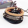 Adjustable Leaf Alloy Braided Leather Cord Wooden Beaded Multi-strand Bracelets BJEW-P0001-20-4