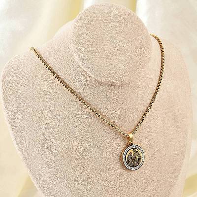 201 Stainless Steel Micro Pave Clear Cubic Zirconia Flat Round Pendant Box Chain Necklaces for Men NJEW-S387-03G-1