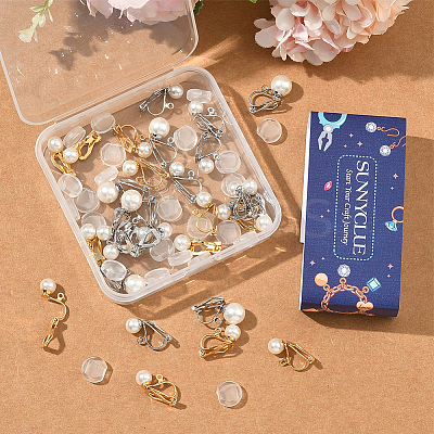 24Pcs 2 Styles 304 Stainless Steel Clip-on Earring Findings with Imitation Pearl Plastic Beaded STAS-SC0010-46C-1