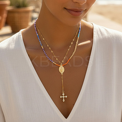 304 Stainless Steel Pendant Colorful Glass Beaded Double Layer Necklaces for Daily Wear WG8061-2-1