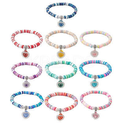 Natural Gemstone & MIYUKI Seed Beads Heart Charm Bracelets BJEW-MZ00084-1