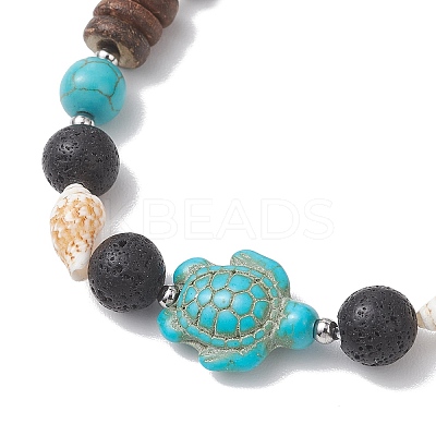 2Pcs Dyed Synthetic Turquoise & Natural & Lava Rock & Coconut & Sea Shell Beads Stretch Bracelets for Women BJEW-JB13198-1