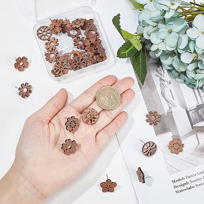 36Pcs 6 Style Walnut Wood Stud Earring Findings MAK-NB0001-11-1