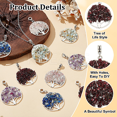 10Pcs 5 Styles Natural Amethyst & Lapis Lazuli & Rose Quartz & Garnet & Flower Amazonite Chip Tree of Life Big Pendants PALLOY-HY00014-1