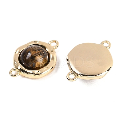 Brass Pave Natural Tiger Eye Flat Round Links Connector Charms KK-U043-45G-C-1