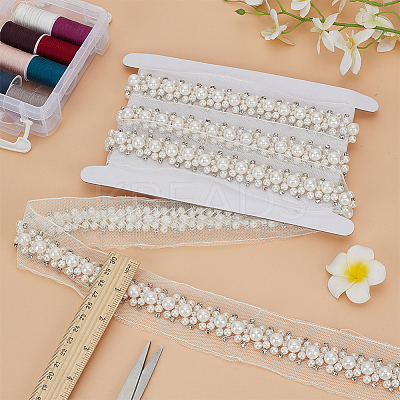 1.9 Yards Grenadine Mesh Lace Trim with Resin Beads and Rhinestone OCOR-FG0002-98B-1