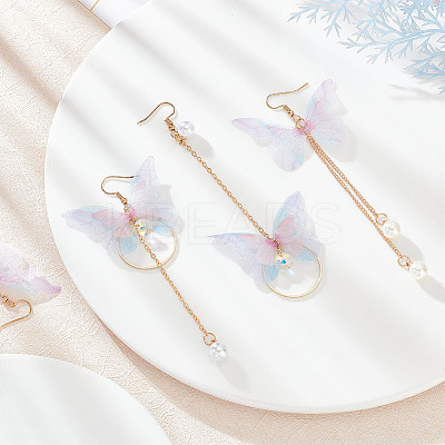2 Pairs 2 Style Fabric Butterfly with Plastic Pearl Beaded Dangle Earrings EJEW-AN0002-84-1