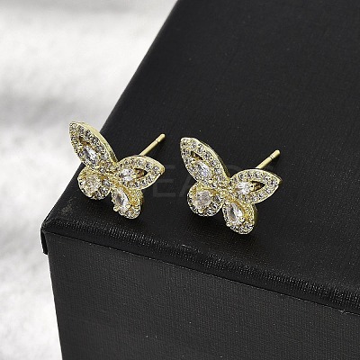Brass Clear Cubic Zirconia Butterfly Stud Earrings EJEW-L261-029B-G-1
