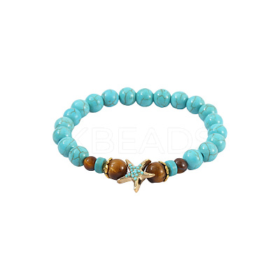 Synthetic Turquoise & Natural Tiger Eye Beaded Stretch Bracelets FS-WGB9D7B-03-1