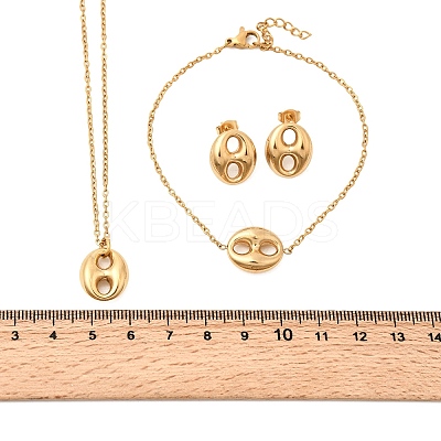 304 Stainless Steel Oval Pendant Necklaces & Bracelets & Stud Earrings Sets SJEW-P008-02G-1