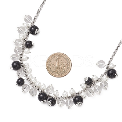 Round Glass Beaded Bib 304 Stainless Steel Rolo Chain Necklaces NJEW-JN05359-03-1