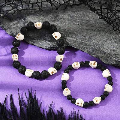 2Pcs Natural Lava Rock & Synthetic Turquoise Beads Stretch Bracelets for Men Women BJEW-JB12131-1