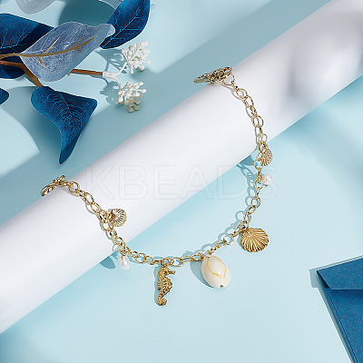Alloy & 304 Stainless Steel & Natural Freshwater Pearl & Natural Cowrie Shell Sea Horse Charm Brass Cable Chain Bag Decorative Chains HJEW-ME00053-1