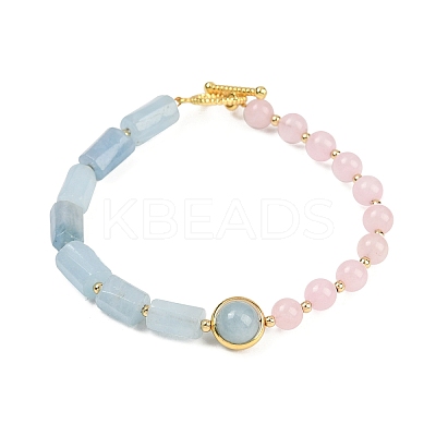 Natural Aquamarine & Natural Rose Quartz & Brass Round & Prism Beaded Bracelets for Women BJEW-G752-01G-01-1