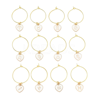 12Pcs Heart with Constellation Alloy Enamel Wine Glass Charms Sets AJEW-JO00230-01-1