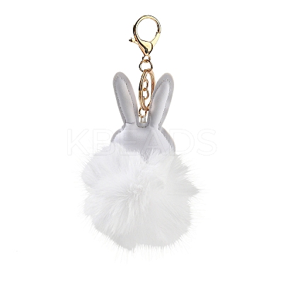 Cute Rabbit PU Leather & Imitate Rex Rabbit Fur Ball Keychain KEYC-C005-02B-1