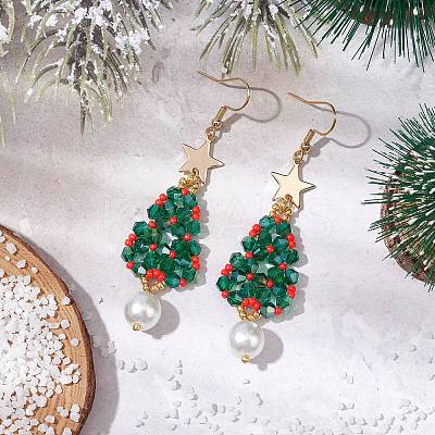 Glass Seed & Glass Pearl Beads Tree Dangle Earrings EJEW-MZ00276-02-1