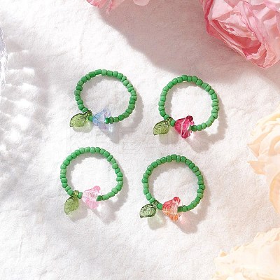 Glass Beads with Acrylic Charms Finger Rings RJEW-TA00205-1