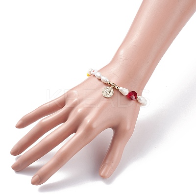 Natural Pearl & Millefiori Glass Beaded Stretch Bracelet with Heart and Coin Charm for Women BJEW-TA00060-1