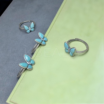 Adjustable Synthetic Turquoise with 925 Sterling Silver Finger Rings RJEW-C155-04-1