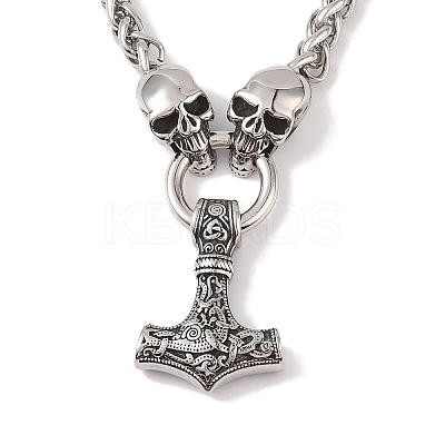 304 Stainless Steel Skull Wheat Chain Viking Mjolnir Thor Hammer Pendant Necklaces for Men NJEW-K278-02AS-1