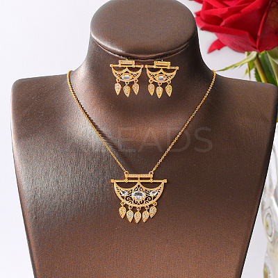 Brass Micro Pave Clear Cubic Zirconia Crescent Moon Tassel Pendant Necklaces and Stud Earrings Sets for Women PB9460-1