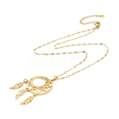 Woven Net/Web with Feather 201 Stainless Steel Boho Pendant Necklaces for Women NJEW-G087-09G-1
