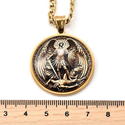 201 Stainless Steel Glass Flat Round with Archangel Michael Pendant Necklaces for Women LS-NJEW-M105-09G-1