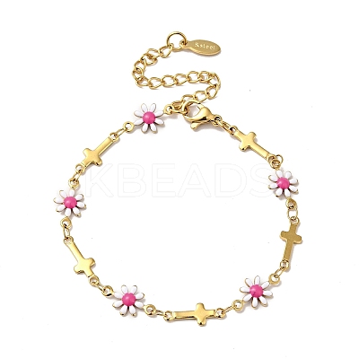 Ion Plating(IP) Enamel Flower & Cross Link Chain Bracelet BJEW-C023-01G-02-1