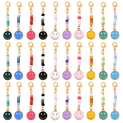30Pcs 10 Styles Smiling Face Alloy Enamel & Glass Seed Pendant Decorations HJEW-YW00143-1