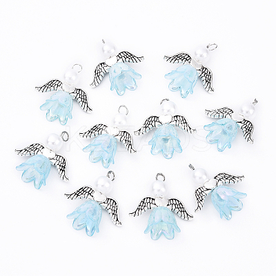 10Pcs Acrylic & Imitation Pearl Flower Angel Pendants PALLOY-YW00055-05-1